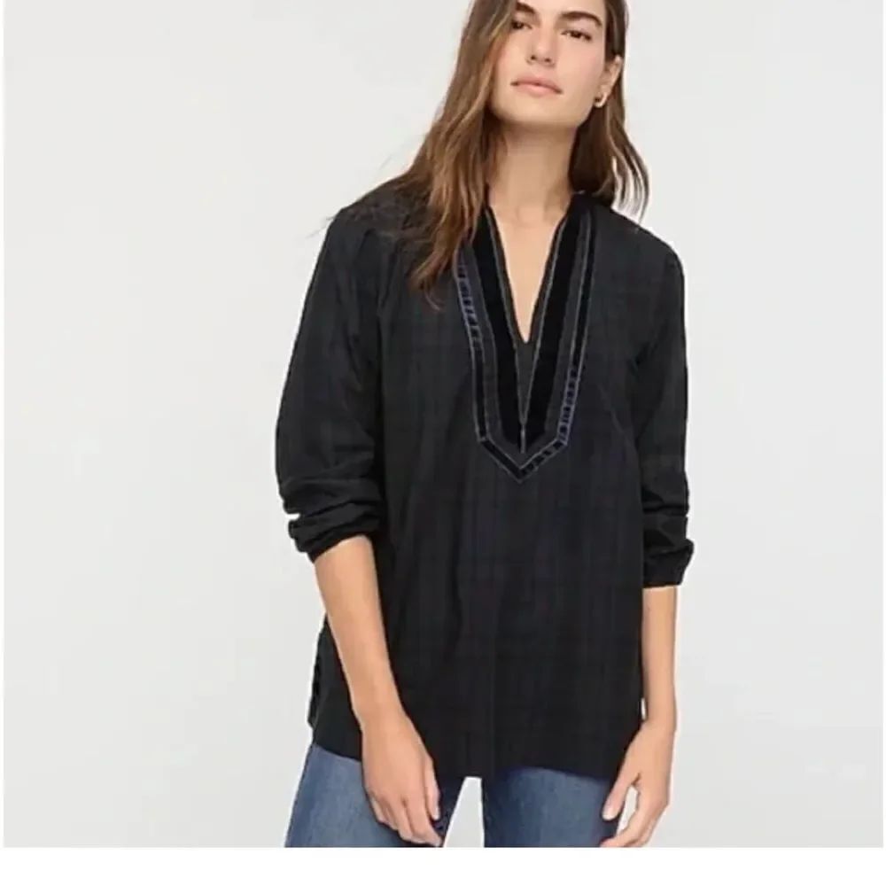 NWT J.crew Velvet-trimmed V-neck tunic in blue green tartan